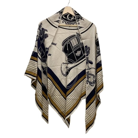 HERMES Triangle Geant - Beige Dark Navy Brown Cashmere Silk Scarf 955-072325 - Picture 1 of 6